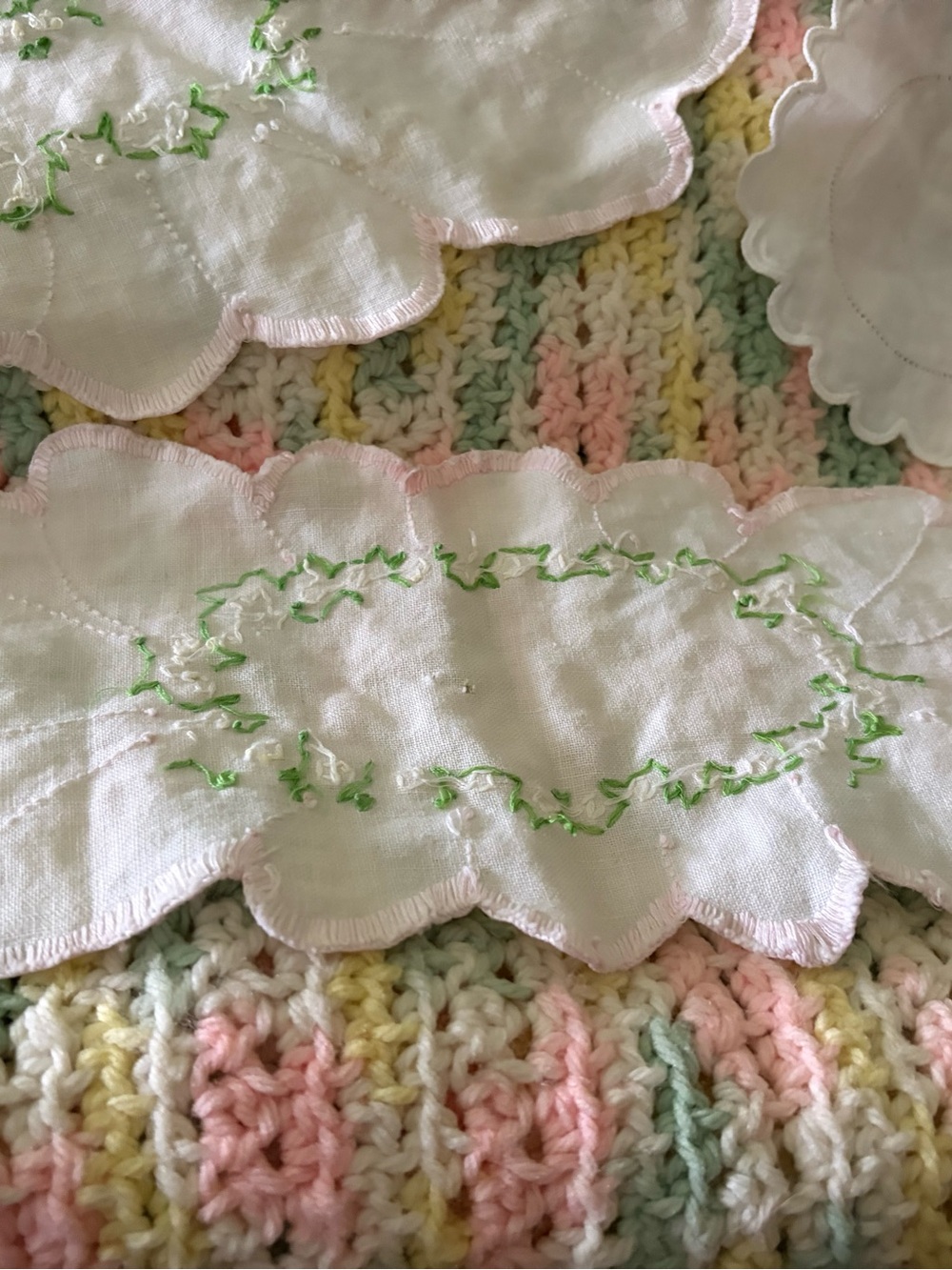Hand Embroidered White Linen Doilies with Green Floral Stitching